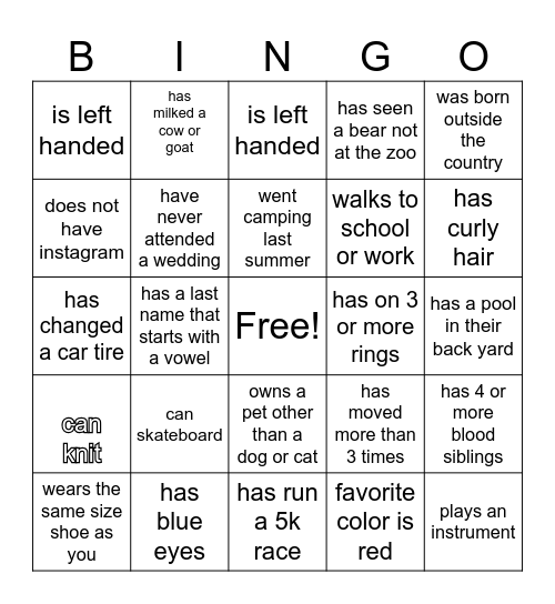 Get to Know You Bingo Card