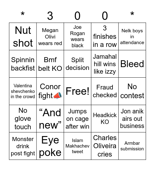 UFC 300 Bingo Card