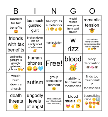 Raine and Tom Bingo Card