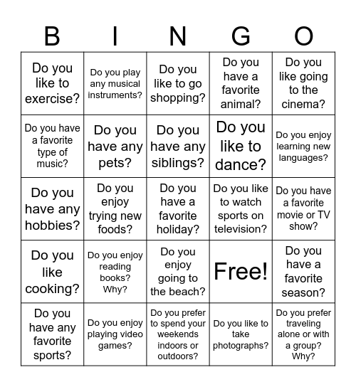 Do you ... ? Bingo Card