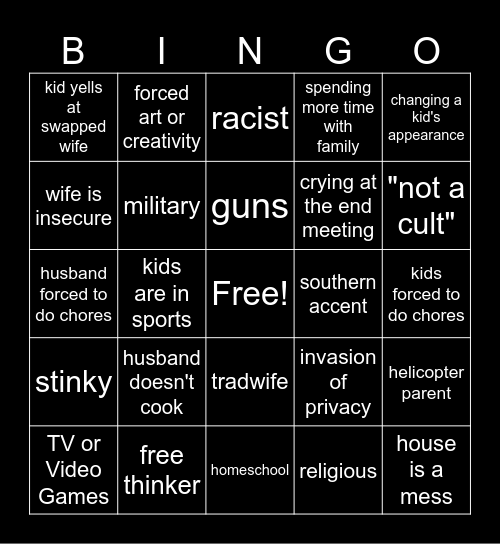 Wife Swap Bingo Card