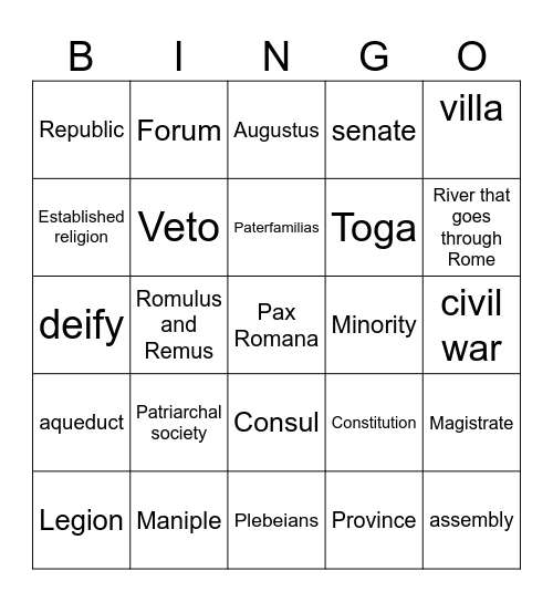 Ancient Rome vocabulary Bingo Card