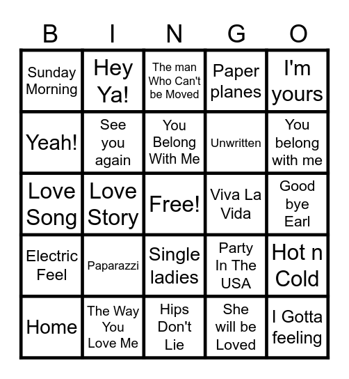 2000's hits Bingo Card