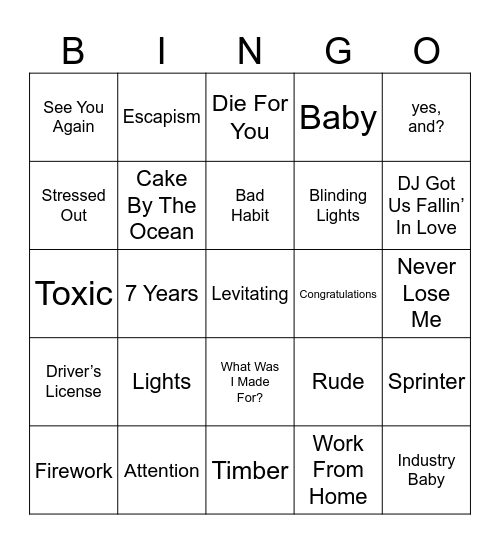 MUSICAL Bingo Card