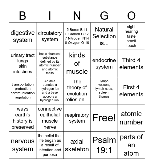 Cycle 3 Science Bingo Card