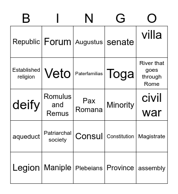 Ancient Rome vocabulary Bingo Card