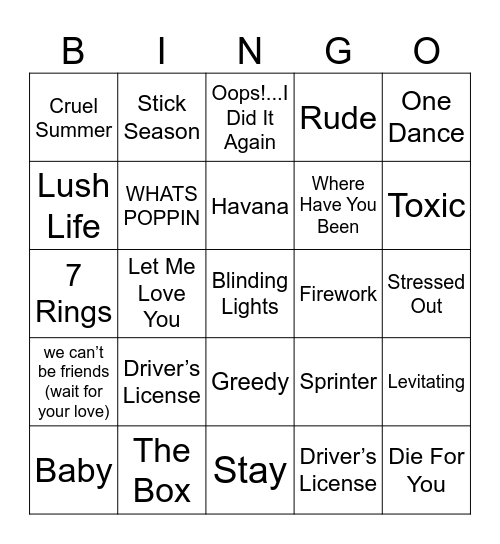 MUSICAL Bingo Card