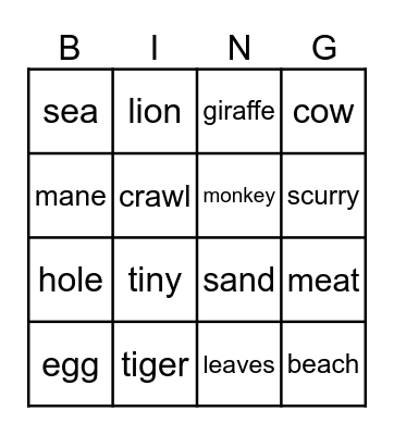 New Words Bingo Card