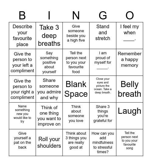 Mindfulness Bingo Card