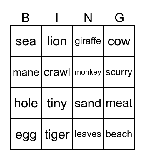 New Words Bingo Card