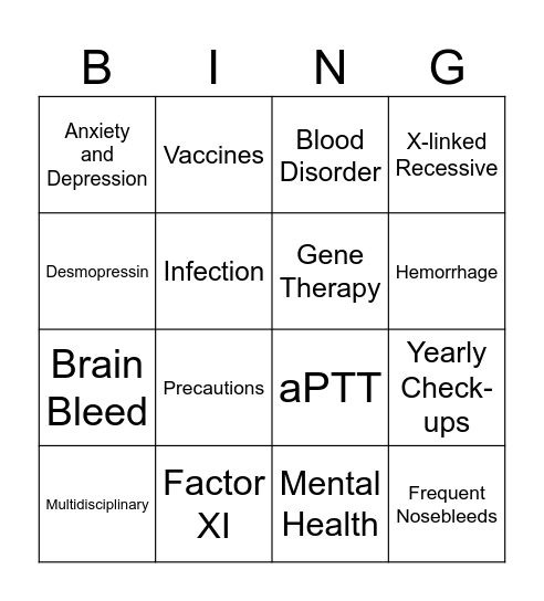 Hemophilia Bingo Card