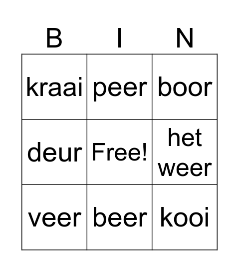 eer, oor, eur Bingo Card