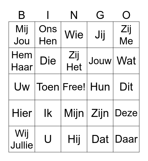 Verwijswoordenbingo Card