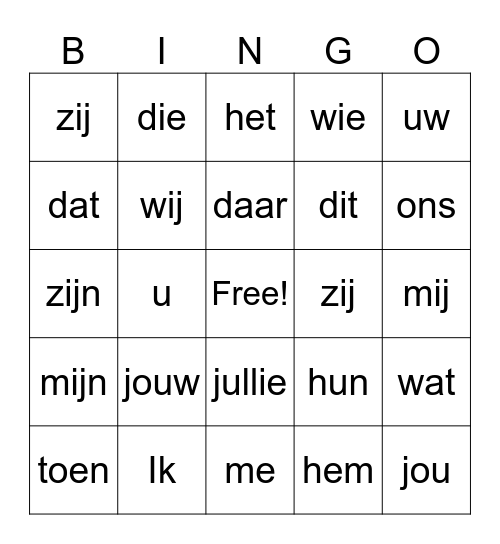 Verwijswoordenbingo Card