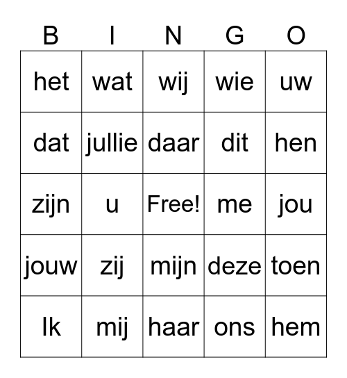 Verwijswoordenbingo Card