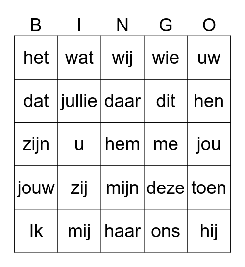 Verwijswoordenbingo Card