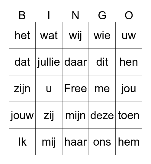 Verwijswoordenbingo Card