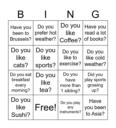 24 Questions Bingo Card