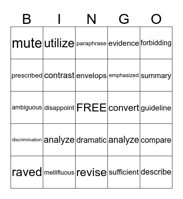 Vocabulary  Bingo Card