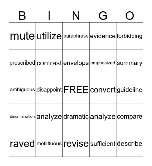 Vocabulary  Bingo Card