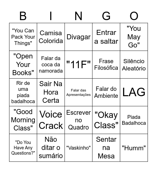 Bingo da aula de Inglês Bingo Card