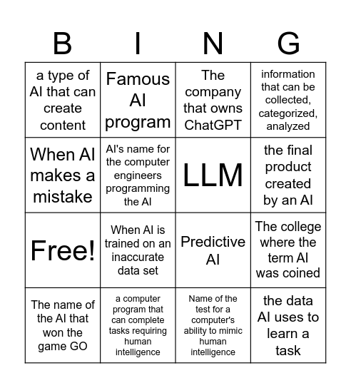 Artificial Intelligence Bingo Card