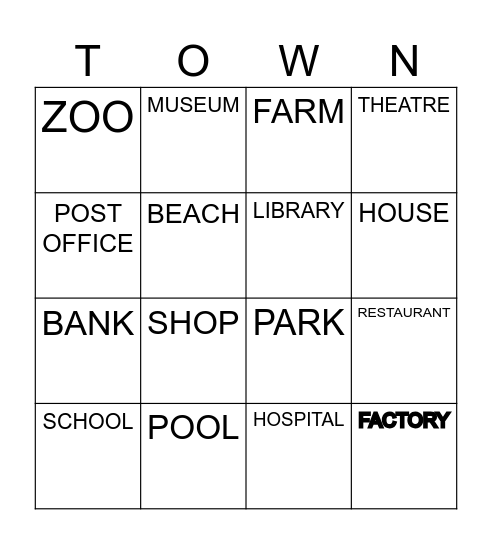 PLACES IN TOWN Bingo Card