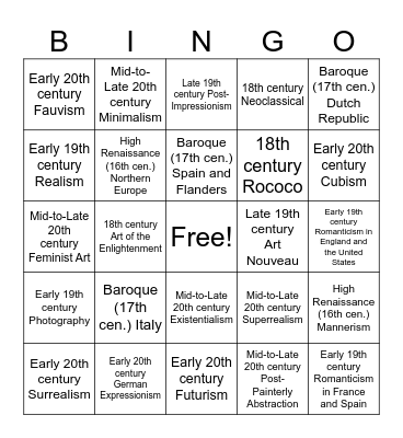 Art 115 Final Exam Review Bingo Card