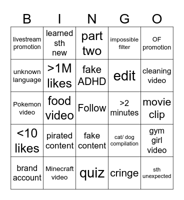 Tiktok Bingo Card