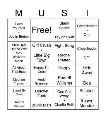 Pop Music Bingo Card