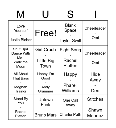 Pop Music Bingo Card