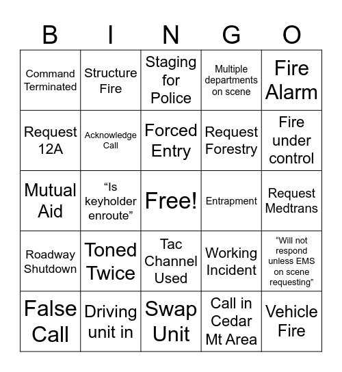 Fire Dispatch Bingo Card