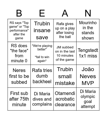 Benfica Bingo Card