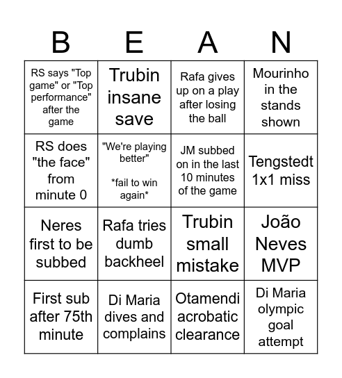 Benfica Bingo Card