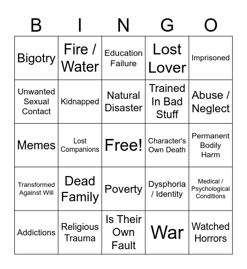 Character Trauma Bingo Card