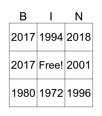 Video Game Release Years Bingo Card