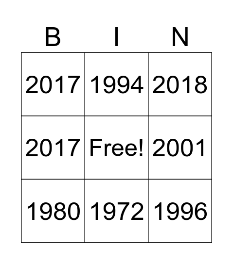 Video Game Release Years Bingo Card
