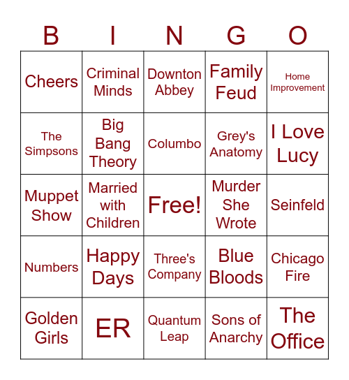 What's on TV Bingo Card