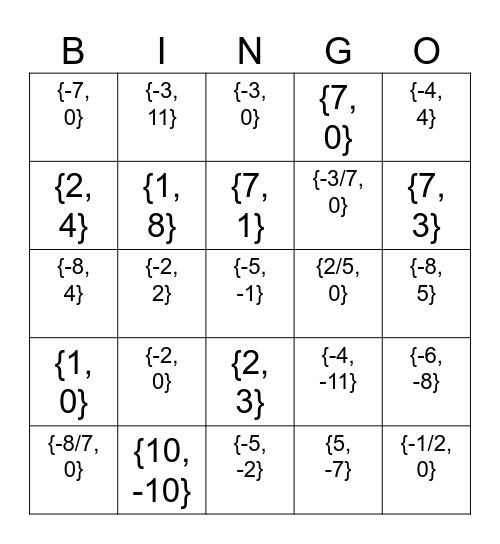Solve by Factoring Bingo Card