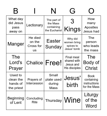 Eucharist Bingo Card