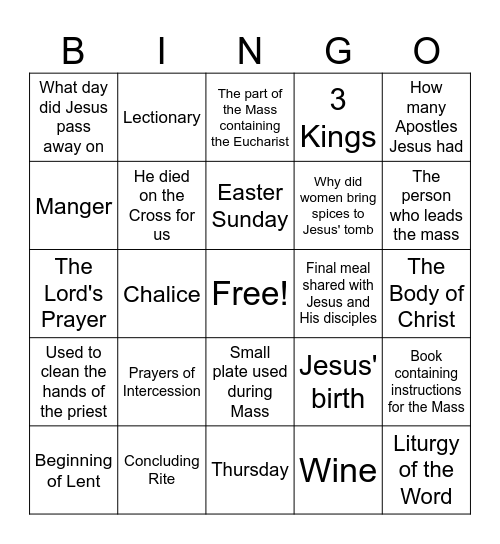 Eucharist Bingo Card