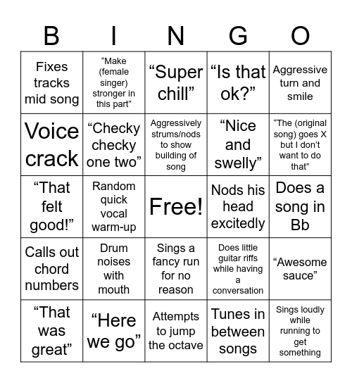Grant’s rehearsal bingo card Bingo Card