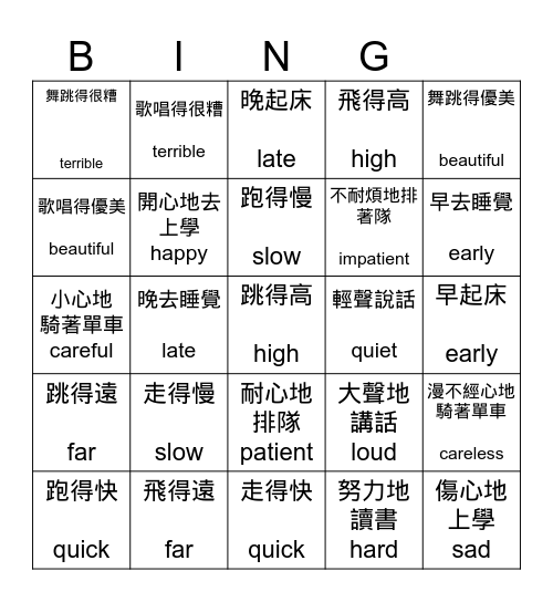 情態副詞ly + 修飾動詞 Bingo Card