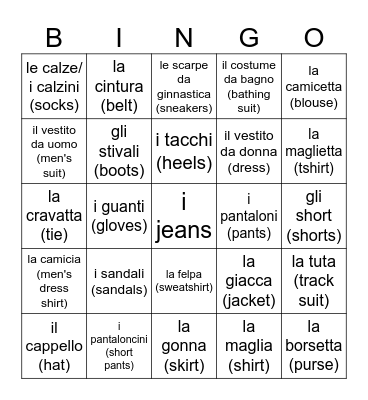 i vestiti Bingo Card