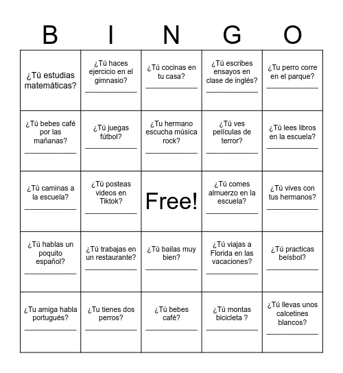 Los verbos regulares Bingo Card