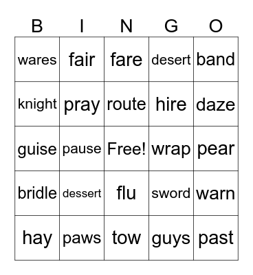 Homophone Bingo Card