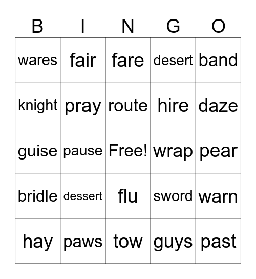 Homophone Bingo Card