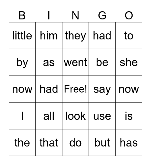 Sight Word Bingo Card