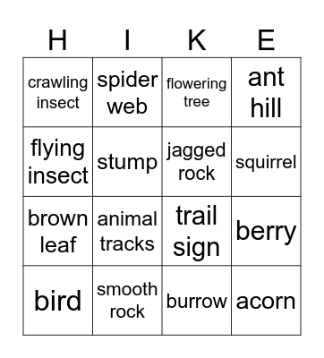 Nature Hike Bingo Card