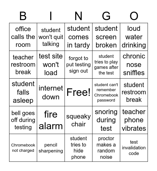 Test Days Bingo Card